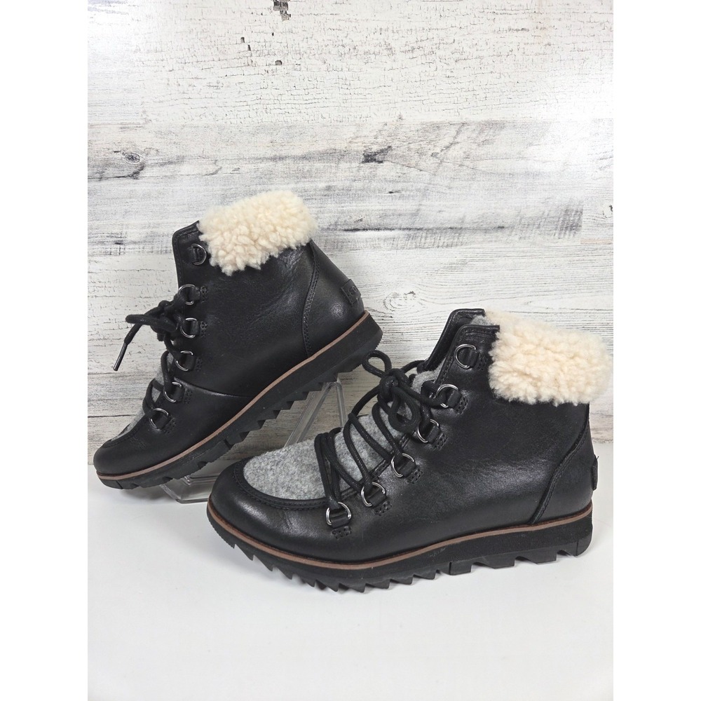 Sorel Women's Leather Ankle Boots Size 7 Black Sherpa Lined Lace‎ Up Winter